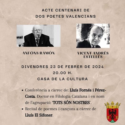 Cartell de l'acte sobre el centenari de dos poetes valencians, Anfós Ramon i Vicent Andrés Estellés, en la Casa de Cultura de Catadau