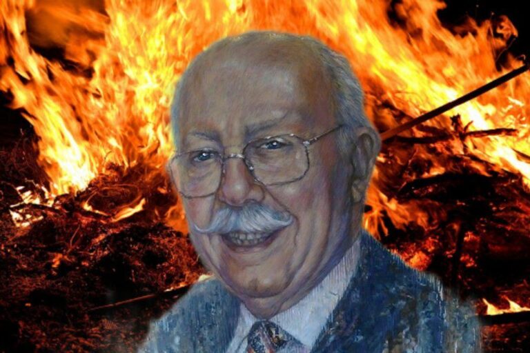 Retrat d'Anfós Ramon sobre un fondo de flames