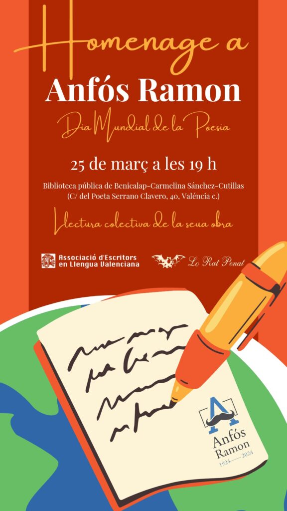 Cartell de l'homenage a Anfós Ramon organisat per AELLVA en motiu del Dia Mundial de la Poesia 2024