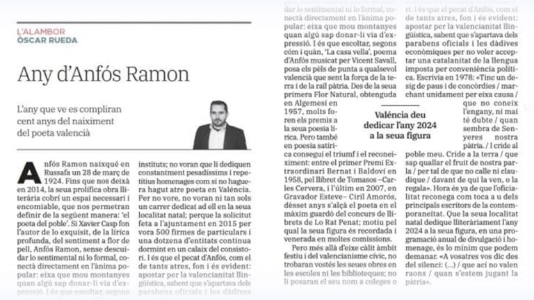 Retall del diari «Las Provincias» en la columna dÒscar Rueda «L'Alambor» del 3 de decembre 2023, Any d'Anfós Ramon