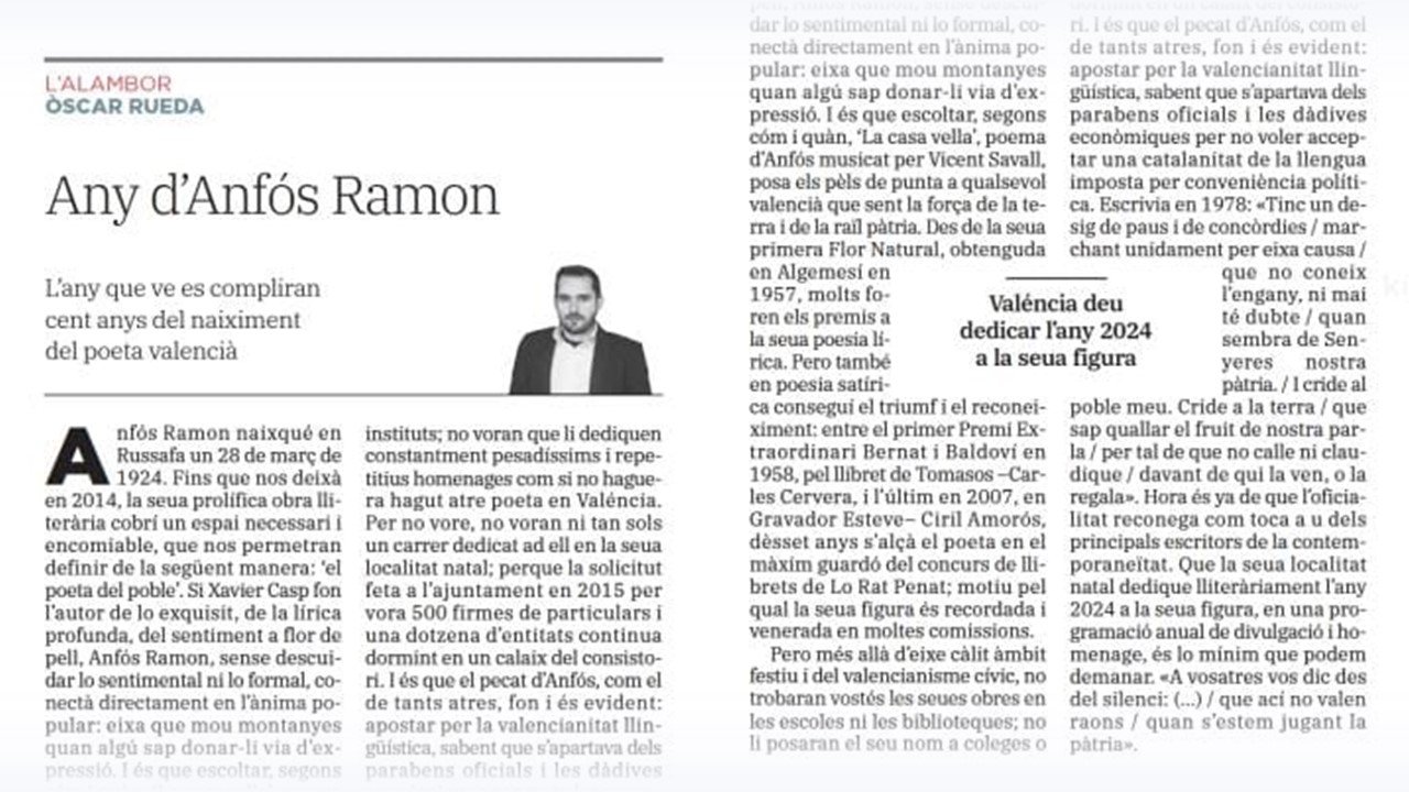 Retall del diari «Las Provincias» en la columna dÒscar Rueda «L'Alambor» del 3 de decembre 2023, Any d'Anfós Ramon