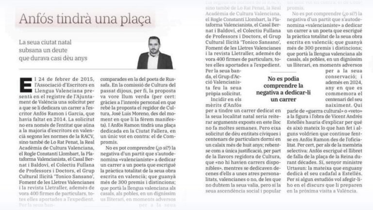 Retall del diari «Las Provincias» en la columna dÒscar Rueda «L'Alambor» del 24 de març de 2024, Anfós tindrà una plaça