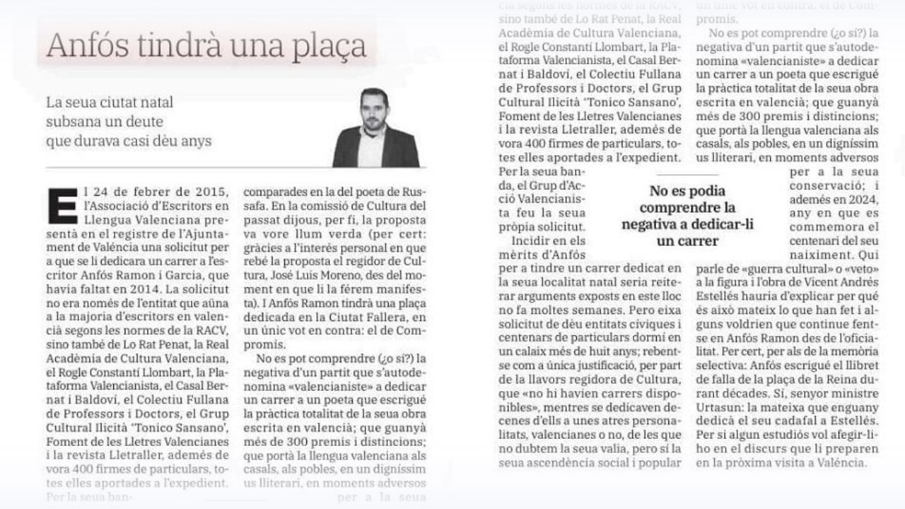 Retall del diari «Las Provincias» en la columna dÒscar Rueda «L'Alambor» del 24 de març de 2024, Anfós tindrà una plaça