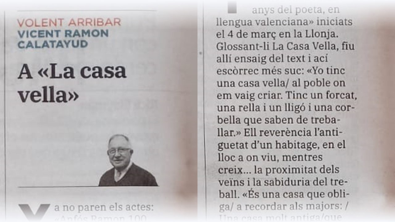 Retall del diari «Las Provincias» en la columna de Vicent Ramon Calatayud «Volent Arribar» del 15 de maig de 2024, A «La casa vella»